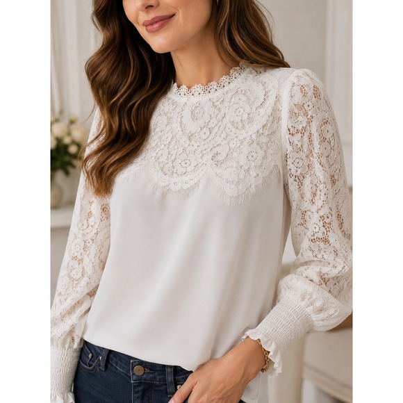 White House Black Market Tops - White House Black Market Ecru Mock Neck Lace Blouse  Size 6